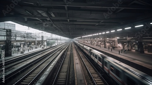 The high-speed train station buzzes with activity during the peak rush hour, as commuters and travelers rush to catch their trains, creating a sense of urgency and motion. Generated by AI. © Кирилл Макаров