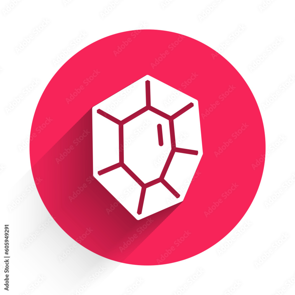 White Gem stone icon isolated with long shadow background. Jewelry symbol. Diamond. Red circle button. Vector White Gem stone icon isolated with long shadow background. Jewelry symbol. Diamond. Red circle button. Vector