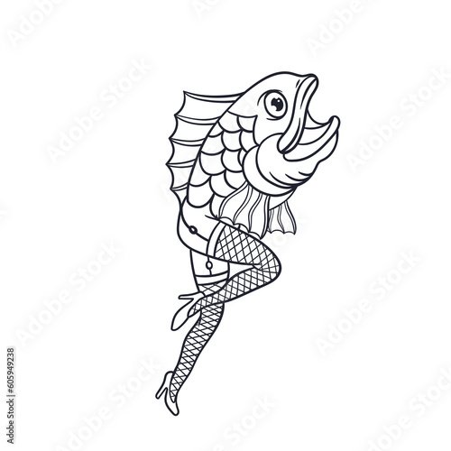 Hand drawn illustration of a reverse mermaid outline