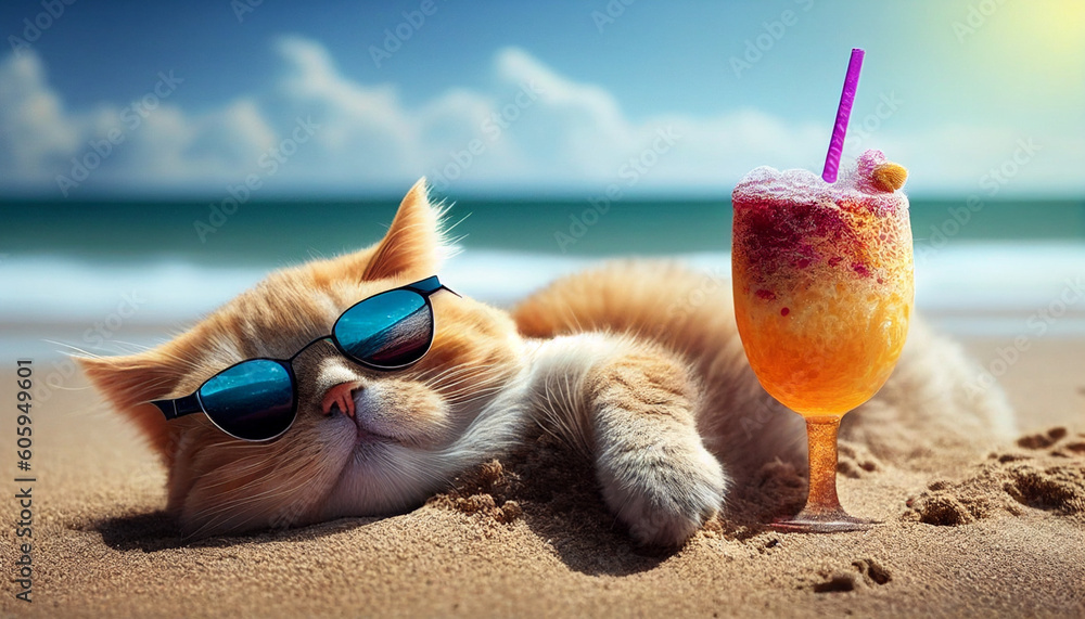 Katze am Strand mit Cocktail macht Urlaub, Sommerurlaub, Generative AI 