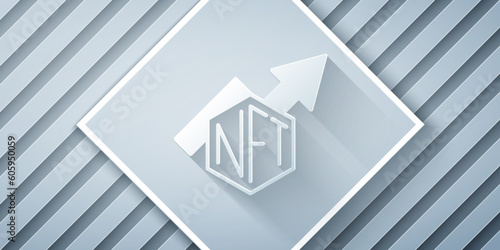 Paper cut NFT growth bar chart icon isolated on grey background. Non fungible token. Digital crypto art concept. Paper art style. Vector