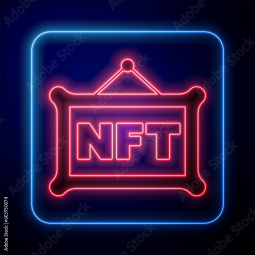 Glowing neon NFT Digital crypto art icon isolated on black background. Non fungible token. Vector