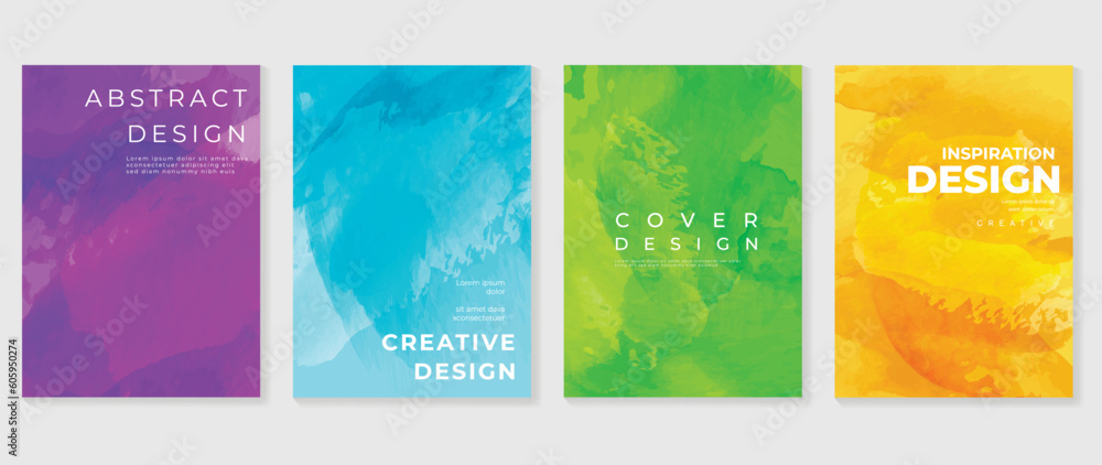 Watercolor art background cover template set. Wallpaper design with paint brush, purple, blue, green, yellow, brush stroke. Abstract illustration for prints, wall art and invitation card, banner.