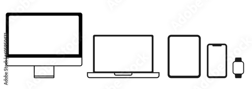 Set of electronic devices icons. Computer, laptop, tablet, smartphone, smartwatch. Vector illustration. Isolated on white background