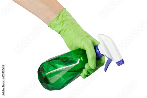 Woman's hand with a pressure sprayer on the white isolated background.