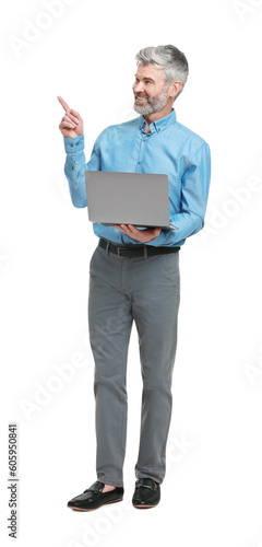 Mature businessman in stylish clothes with laptop on white background