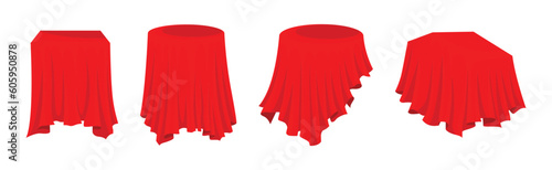 Red Silk Cloth or Smooth Fabric Covering Different Objects Vector Set