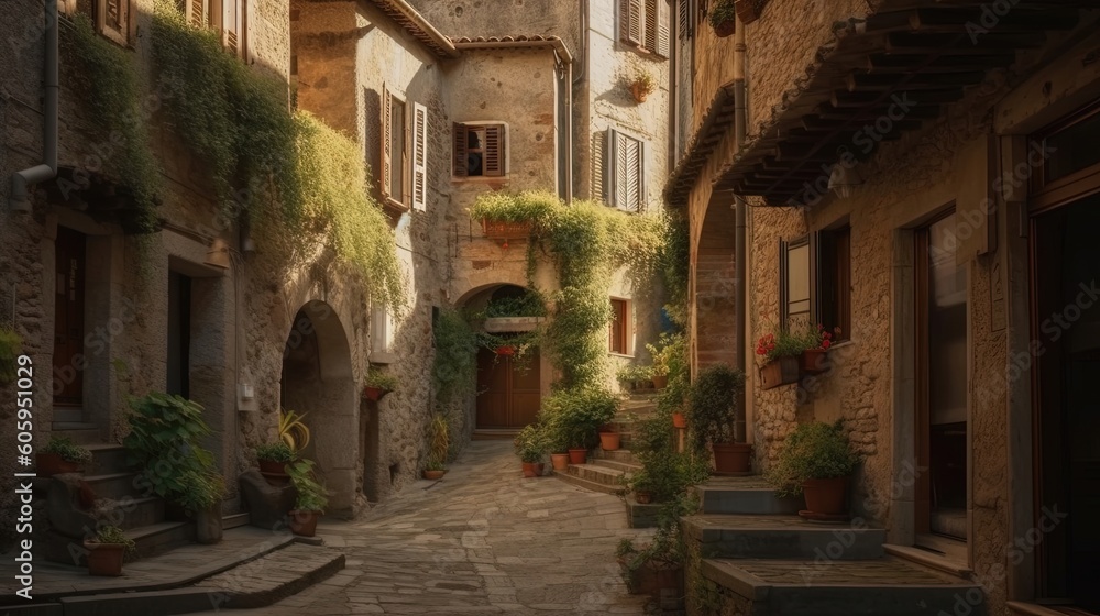 Immerse yourself in the timeless allure of a quaint European village nestled in the captivating landscape of Tuscany. Generated by AI.