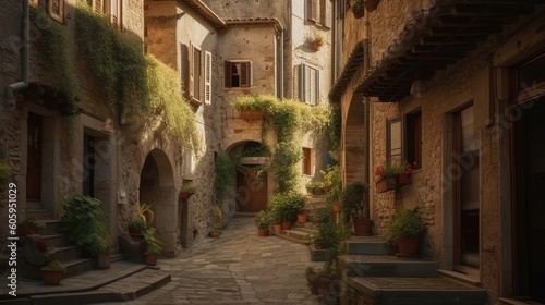 Immerse yourself in the timeless allure of a quaint European village nestled in the captivating landscape of Tuscany. Generated by AI.