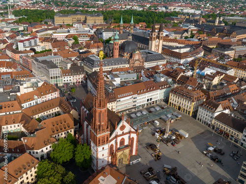 Wurzburg Historical Center Aerial Drone Photo. Old Main Bridge, Wurzburg Cathedral, Marktplatz and walking People photo