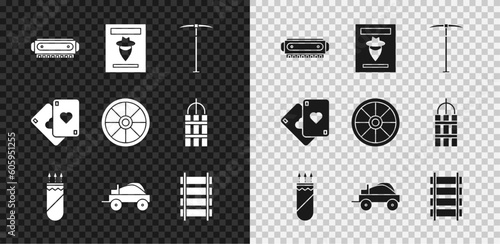 Set Harmonica, Wanted western poster, Pickaxe, Quiver with arrows, Wild covered wagon, Railway, railroad track, Playing cards and Old wooden wheel icon. Vector