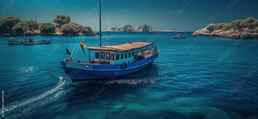 Fototapeta premium Daily Blue Boat Trip Voyage. Generative AI