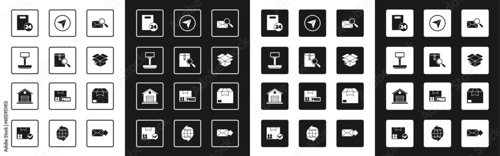 Set Envelope with magnifying glass, Scale, Delivery cardboard boxes, Carton, Infographic of city map navigation, and Warehouse icon. Vector