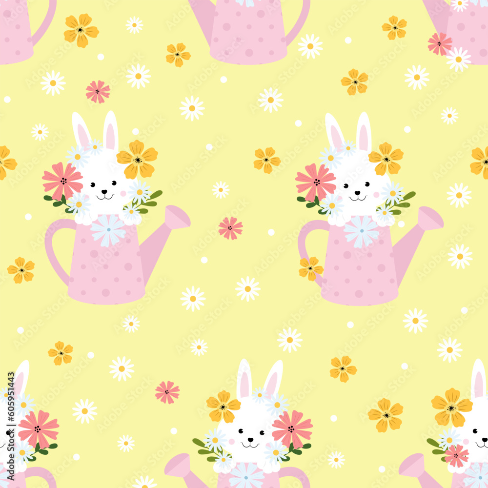 Cute white rabbit in a garden watering can with flowers. Easter print