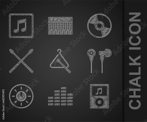 Set Triangle musical instrument, Music equalizer, player, Air headphones, Dial knob level technology settings, Drum sticks, CD or DVD disk and note, tone icon. Vector