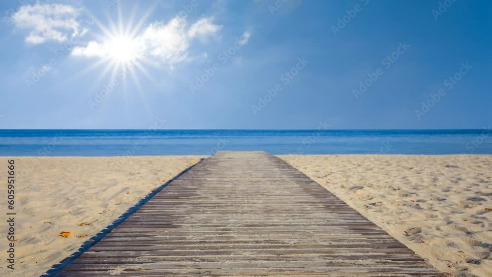 wooden road on sandy beachat hot sunny day time lapse scene wooden road on sandy beachat hot sunny day time lapse scene