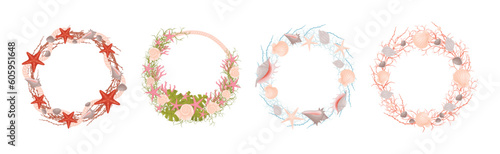 Decorative Sea Wreath Arranged of Shells and Conch from Ocean Bottom Vector Set