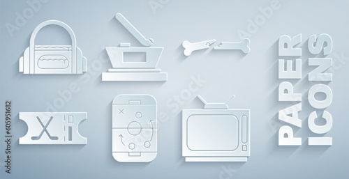 Set Planning strategy, Human broken bone, Hockey sports ticket, Retro tv, Ice hockey cup champion and Sport bag icon. Vector