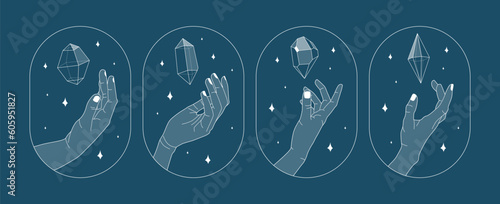 Hand reaching for the crystal gem outline illustrations. Magic crystal concept. Modern vector illustrations. Transparent line art gems with stars. Minimalistic stickers design for web and print.