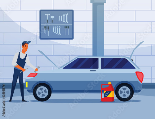 A man in a blue shirt stands in front of a car with a sign that says 't 'on it