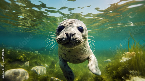 A close up of a seal in the water. Generative AI. © tilialucida