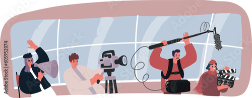 Vector illustration of Characters Make Movie. Operator Using Camera, Staff with Professional Equipment Recording Film. Camera operator, clapperboard, become film director.