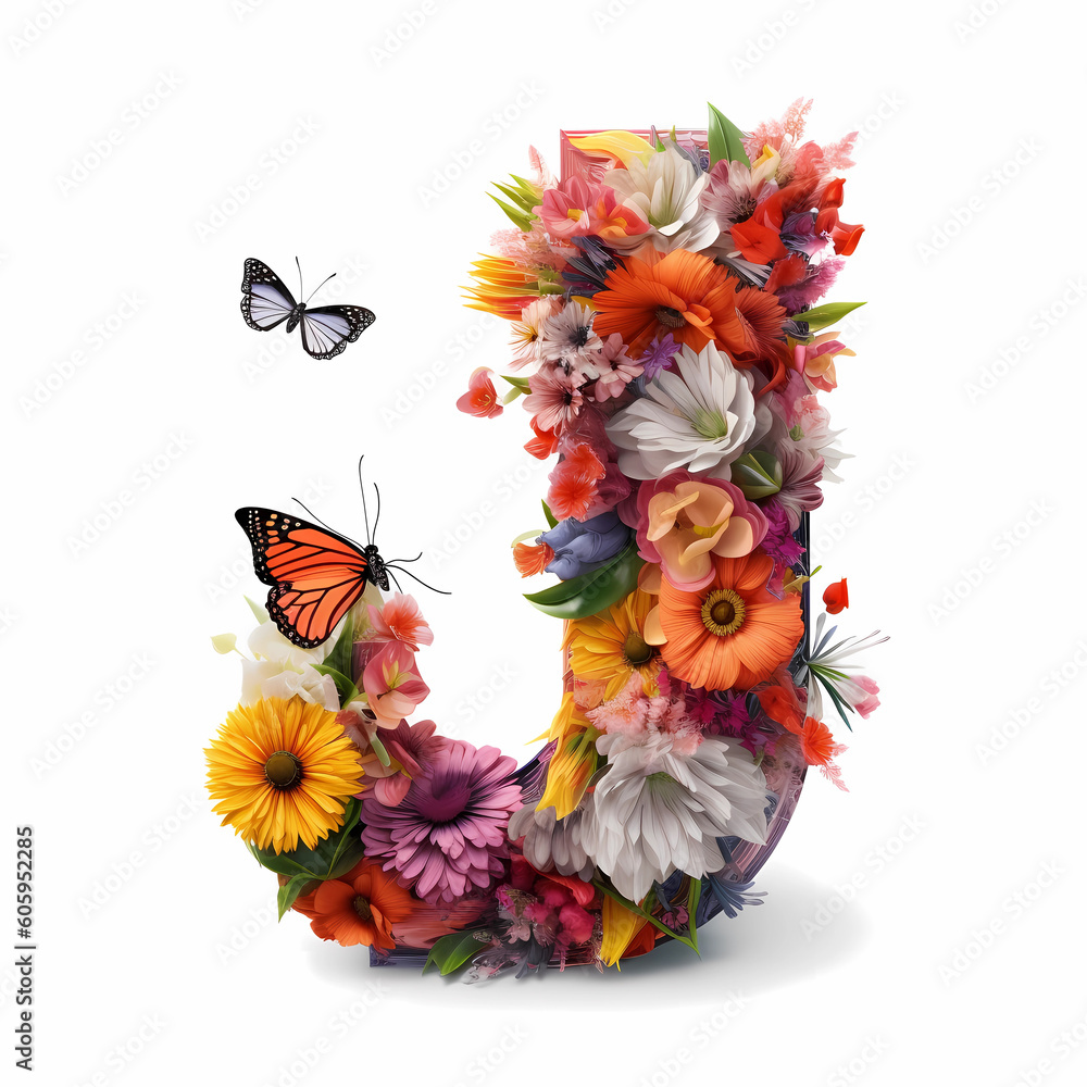 The capital letter J is made of flowers and butterflies, flowers wrapped letter, Floral Letter, Generative AI