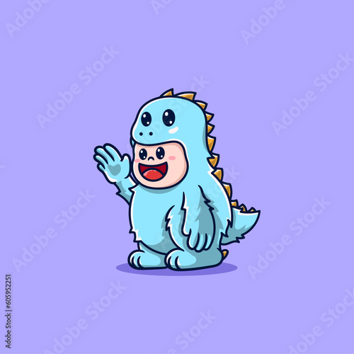 cute kid wearing blue monster costume trex dinosaur cartoon