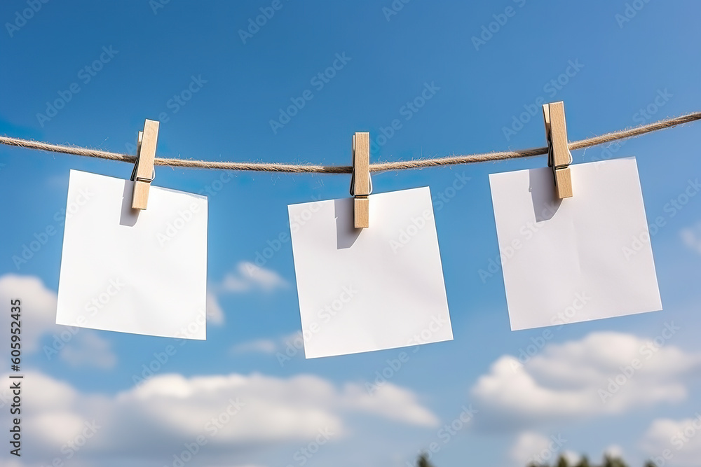 Three blank paper sheets hanging on a clothes line. Generative AI. Three blank paper sheets hanging on a clothes line. Generative AI.