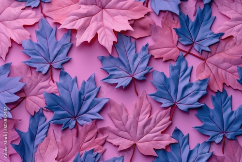 Pink and blue maple leaves on a pink background for thanksgiving, halloween, autumn or fall background, in the style of hyperrealistic compositions, aerial shot created with generative ai