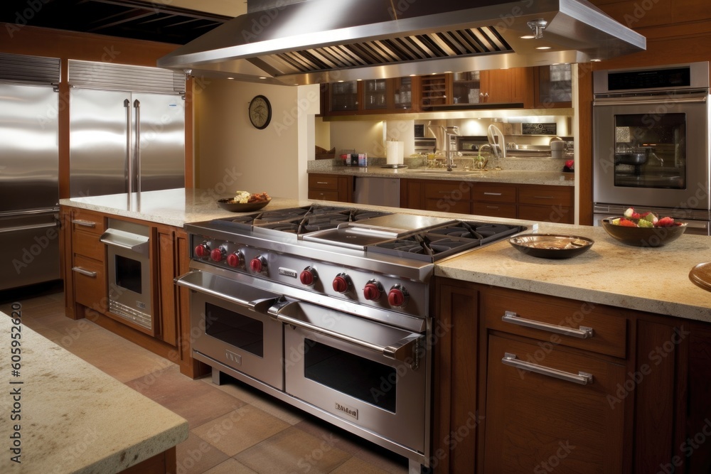 custom-built cooking station with double oven and commercial grade cooktop for the ultimate in culinary creations, created with generative ai custom-built cooking station with double oven and commercial grade cooktop for the ultimate in culinary creations, created with generative ai