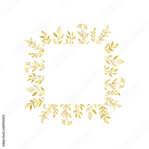 Gold floral square border. Vector golden floral leaf wreath border. Wedding square frame design. Hand drawn rustic flourish elegant rectangle frame. Vector illustration