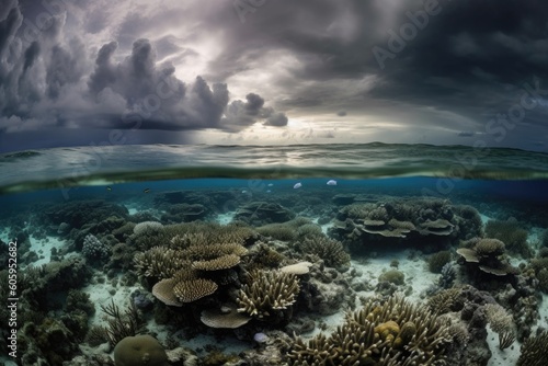 coral reef under stormy skies, with thunder and lightning, created with generative ai