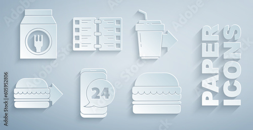 Set Food ordering, Coffee cup to go, Online burger delivery, Burger, Restaurant cafe menu and and icon. Vector