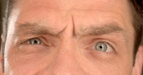 Hairy eyebrow folds on the forehead in dynamics. Emotional transmission of information by a part of the body. The game of eyebrows over the eyes of the man's face. Mimic emotions.