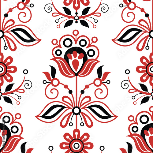 Seamless Pattern with Flower Inspired by Ukrainian Traditional Embroidery. Ethnic Floral Motif, Handmade Craft Art. Ethnic Design. Fabric Textile, Wrapping Paper, Wallpaper. Vector Illustration