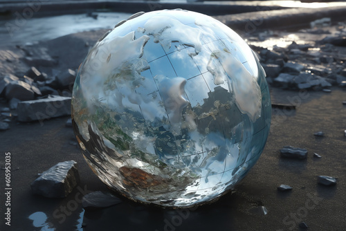 A shattered glass globe of the Earth. generative AI