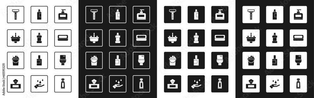 Set Bottle of shampoo, for cleaning agent, Washbasin with water tap, Shaving razor, Bar soap, Toilet bowl and Bucket suds icon. Vector Set Bottle of shampoo, for cleaning agent, Washbasin with water tap, Shaving razor, Bar soap, Toilet bowl and Bucket suds icon. Vector