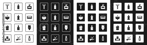 Set Bottle of shampoo, for cleaning agent, Washbasin with water tap, Shaving razor, Bar soap, Toilet bowl and Bucket suds icon. Vector