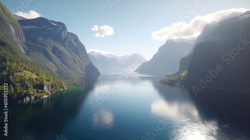 Experience the breathtaking allure of the Norwegian fjords from a bird's eye view, as you marvel at the stunning panorama of snow capped peaks. Generated by AI. © Кирилл Макаров