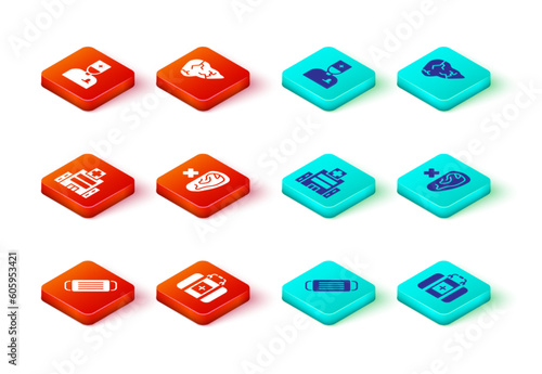 Set Medical protective mask, First aid kit, hospital building, Deaf, Hepatitis virus and Male doctor icon. Vector
