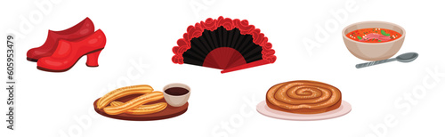 Spain Attributes with Fan, Shoes, Pie, Soup and Churros Vector Set