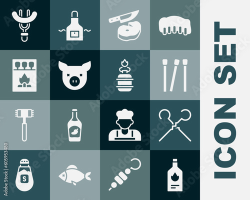 Set Tabasco sauce, BBQ skewers, Matches, Steak meat and knife, Pig, Matchbox matches, Sausage on the fork and Camping gas stove icon. Vector