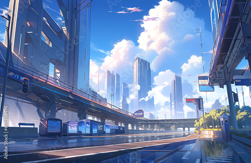 futuristic city with sleek buildings  anime art. generative AI