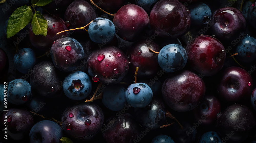 Fresh ripe huckleberry with water drops background. Berries backdrop. Generative AI Fresh ripe huckleberry with water drops background. Berries backdrop. Generative AI