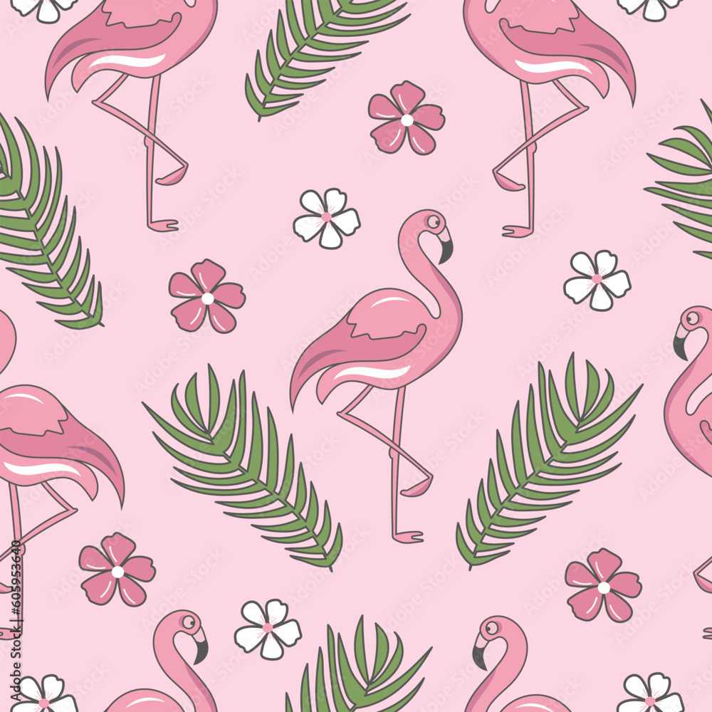 Seamless pattern with pink flamingo, flowers and tropical leaves. Seamless pattern with pink flamingo, flowers and tropical leaves.