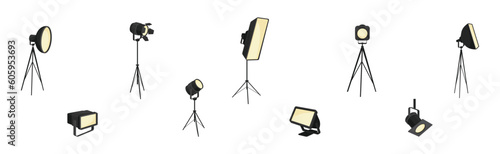 Photographer Studio Lighting Equipment with Spotlight and Lamp Vector Set