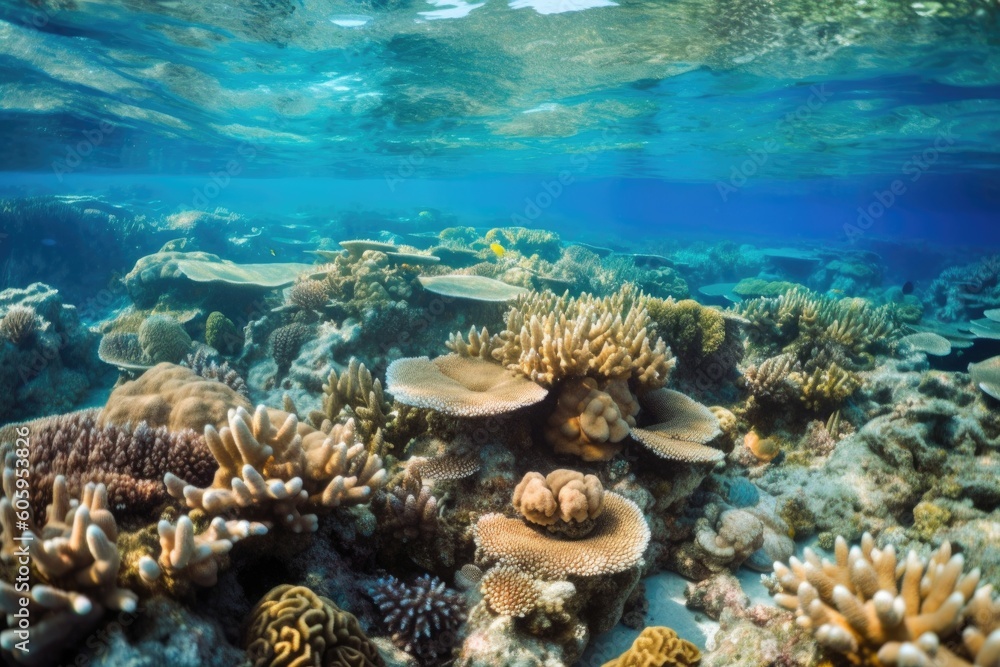 Fototapeta premium coral reef, with schools of fish and octopuses swimming among the corals, created with generative ai