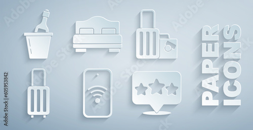 Set Mobile with wi-fi wireless, Suitcase, Five stars rating review, Hotel room bed and Champagne an ice bucket icon. Vector