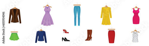 Woman Clothing with Dress and Denim Pants on Hanger Vector Set